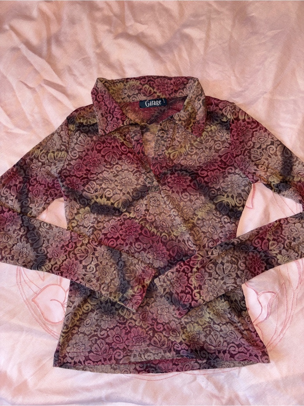 Garage Long Sleeve Floral Print Polo Top - Burgundy, Olive, Gray y2k fairy lace